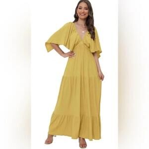 NWT SUNNOW V-Neck Tiered Ruffle Sleeve Flowy Maxi Boho Beach Dress, Medium